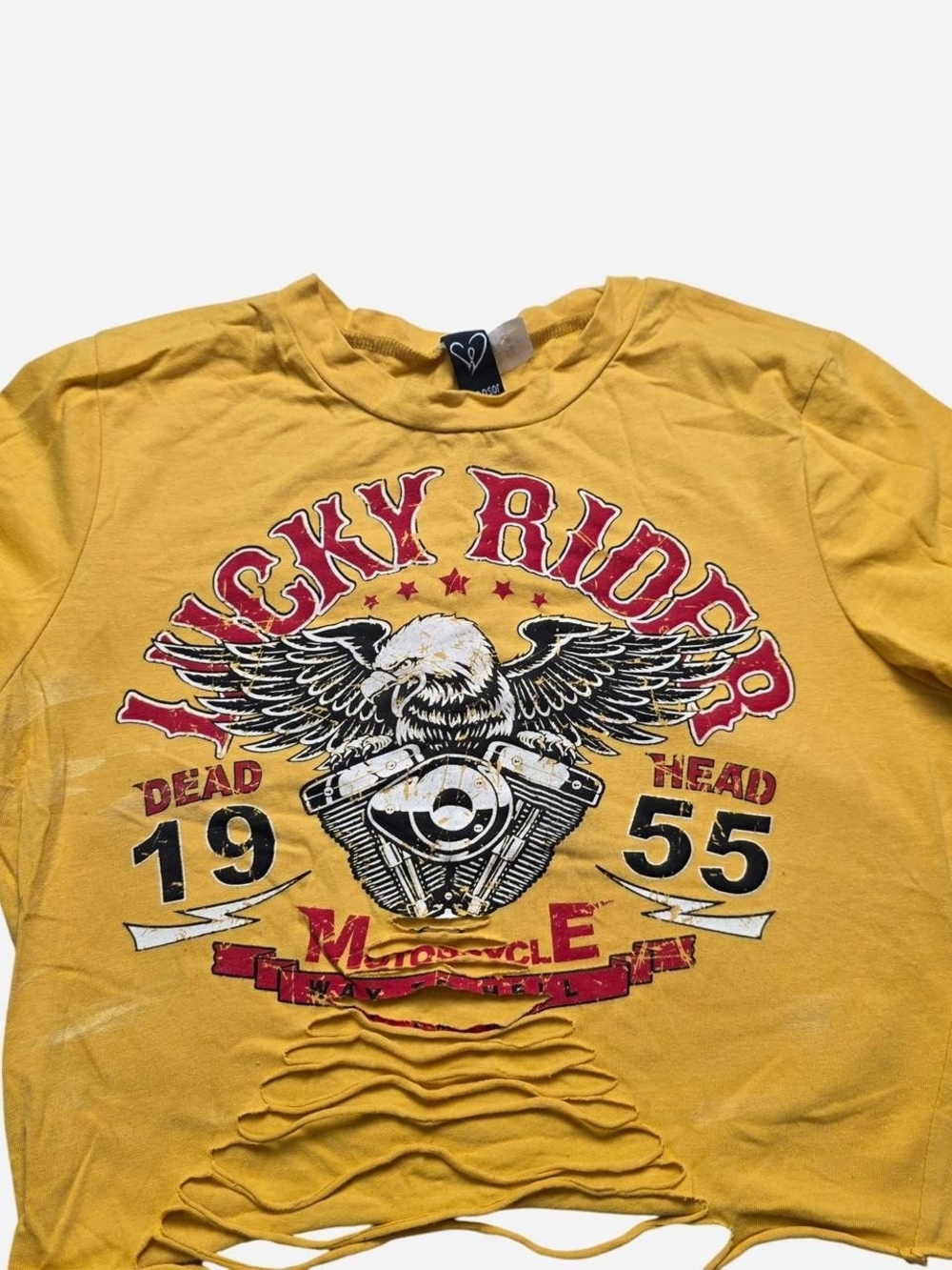Vintage Yellow Graphic Tee with Red and Black Print